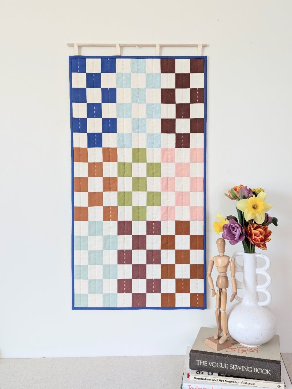 Colourful Hand Quilted Checkerboard Wall Hanging 18.5 x 36 Mood + Mantle